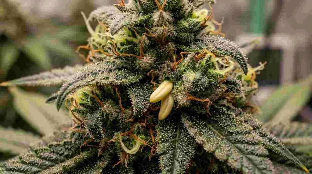 Yellow nanners emerging from a flowering hermie cannabis bud.