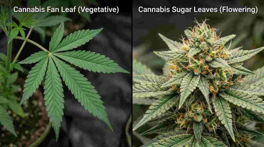 Cannabis fan leaves compared with resin-covered sugar leaves growing around the flowers