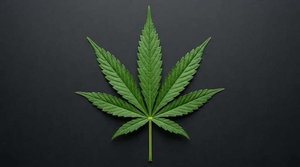 Mature seven-leaflet cannabis fan leaf showing serrated edges, veins and petiole