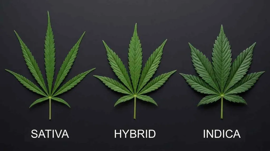 Sativa, hybrid and Indica-type cannabis leaf shapes showing narrow to broad leaflets