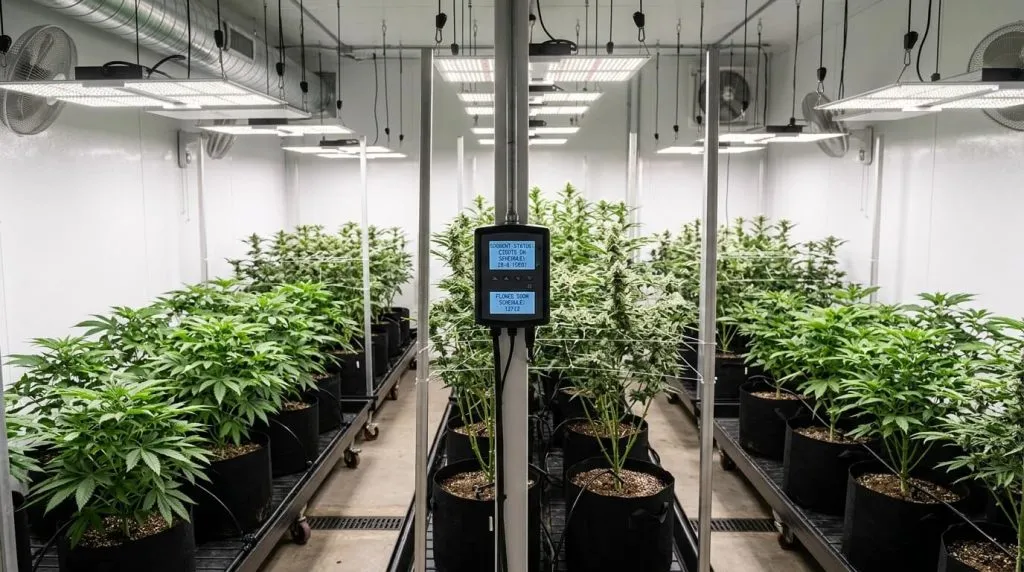 cannabis plants under led lights for indoor grow room light cycle