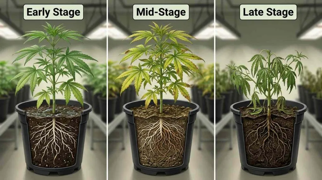 cannabis root rot from early stage mid and late