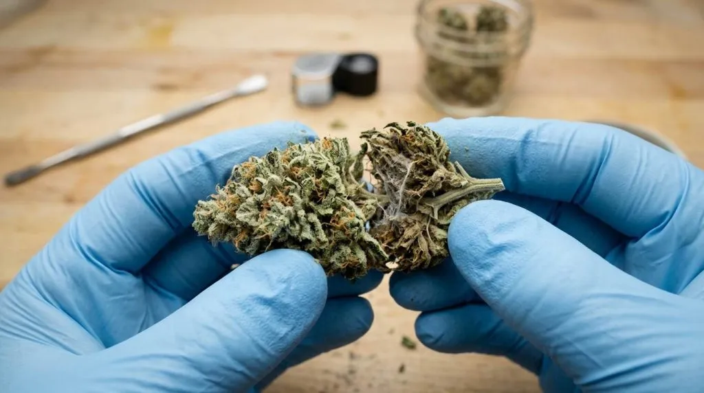 hands breaking cannabis bud
