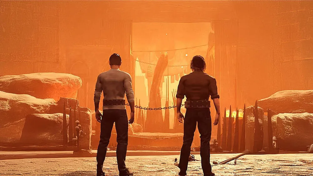 an in-game shot of chained together showing two players wrapped together with a chain with a world they have to take on with a firey dusty background