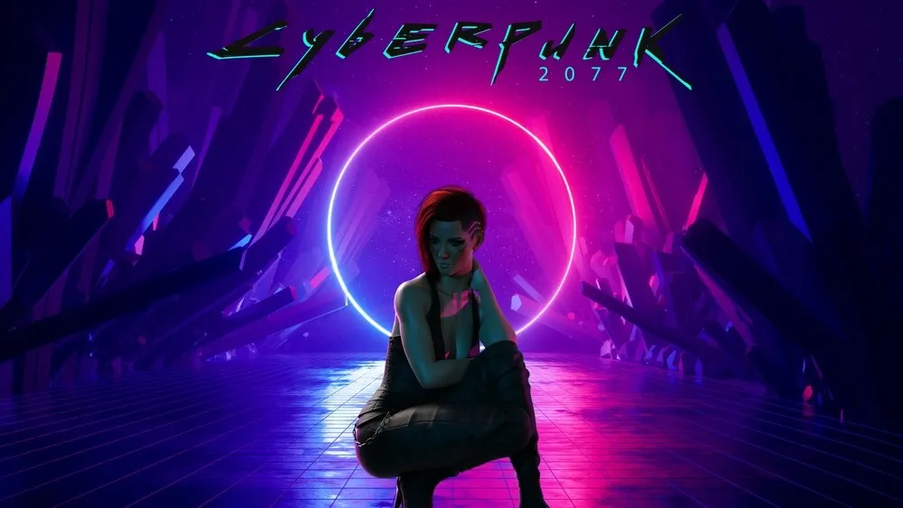 a purple and pink led lit background with a cyberpunk 2077 character leaning down