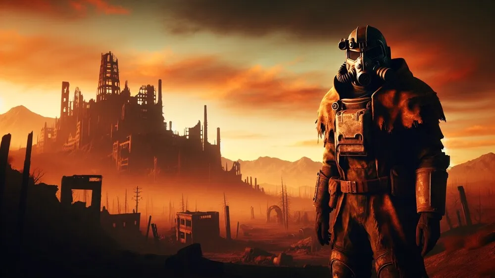 an image of a city that has been nuked with the main protagonist at the front with armor and a brotherhood helmet