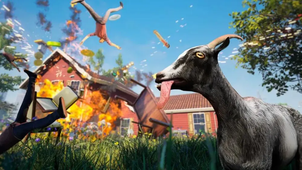 an in-game shot of goat simulator, show casing the mayhem controlling a goat can cause, with a house exploding in the background and people flying and falling on the floor