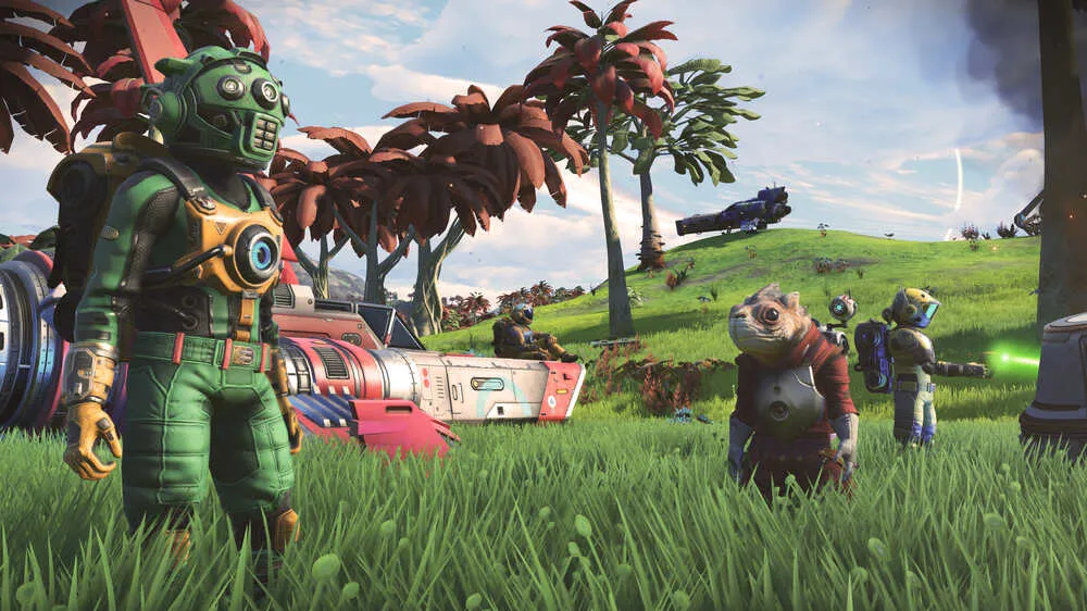 an in-game shot of the beautiful scenery in no man's sky, showing aliens, astronauts, spaceships and a planet in the background 