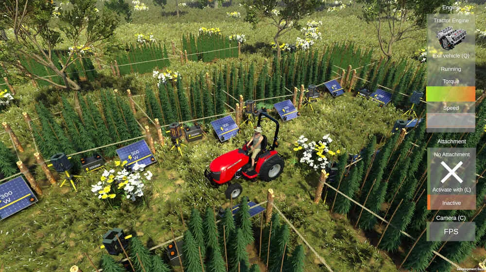an in-game shot of weed farmer simulator with endless amount of cannabis plants and a man on a tractor managing his weed farm with an interface to the right to interact with your character