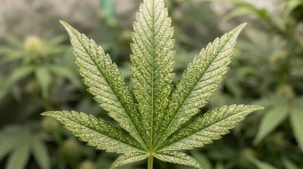 speckled fan leaves on cannabis leaves