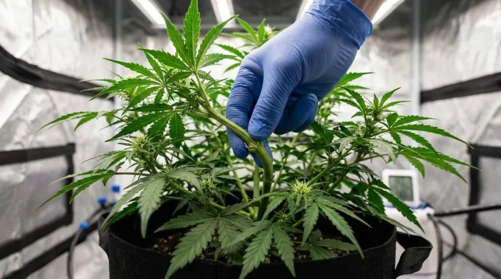 grower checking the leaves and stems