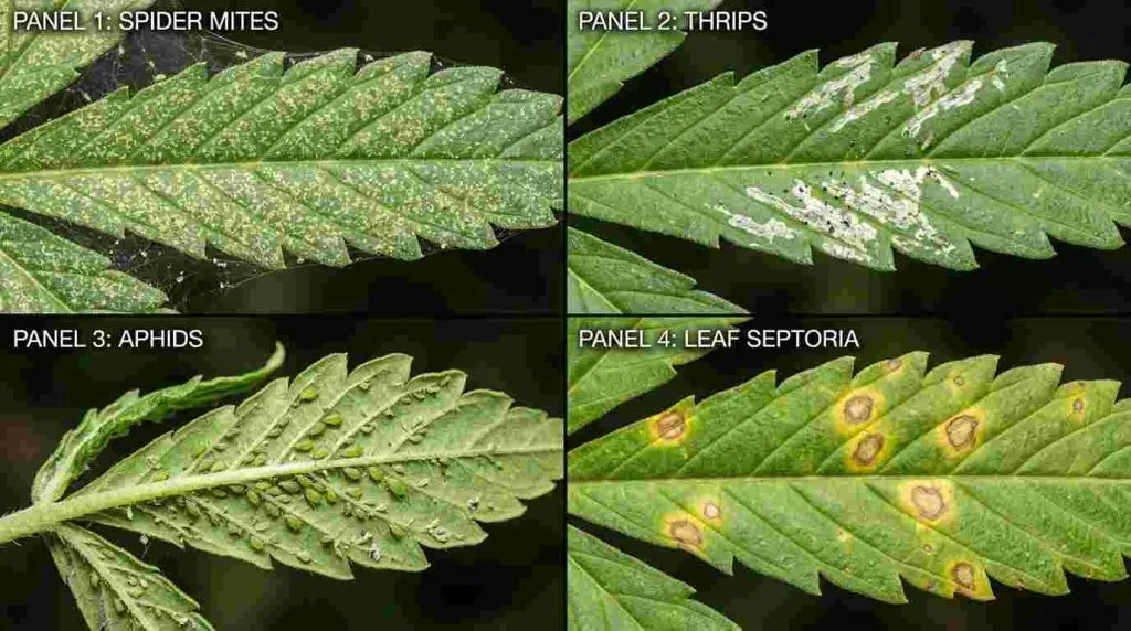 Autoflower leaf damage from spider mites, thrips, aphids and Leaf Septoria