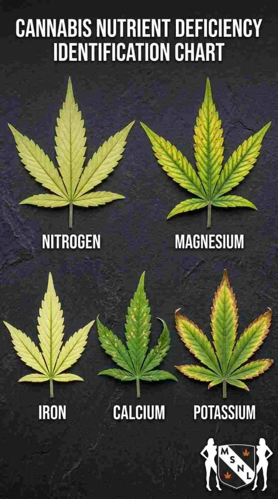 Autoflower leaf symptoms for nitrogen, magnesium, iron, calcium and potassium deficiencies