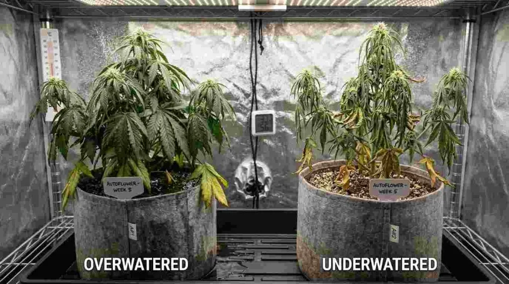 Overwatered and underwatered autoflower plants showing different yellow leaf symptoms