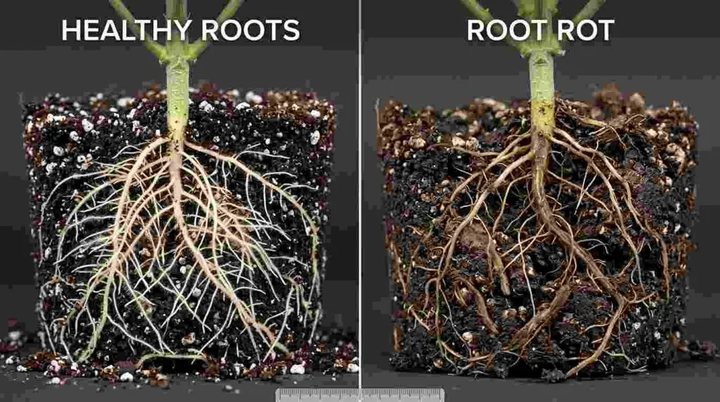 Healthy autoflower roots compared with brown damaged roots affected by root rot