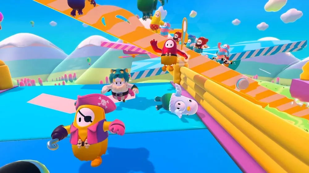 an in-game shot of fall guys showing the bright colors, all the different outfits a character can wear and the obstacle course they are battling through