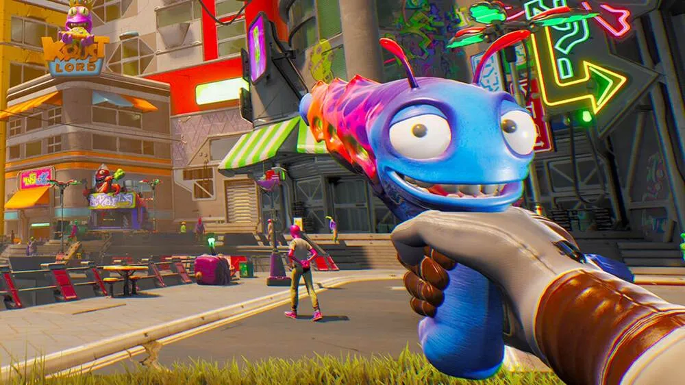 an in-game shot of high on life with the main protagonist holding a gun with a face that talks